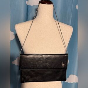 Vintage vinyl small black envelope crossbody with silver tone hardware. Script C